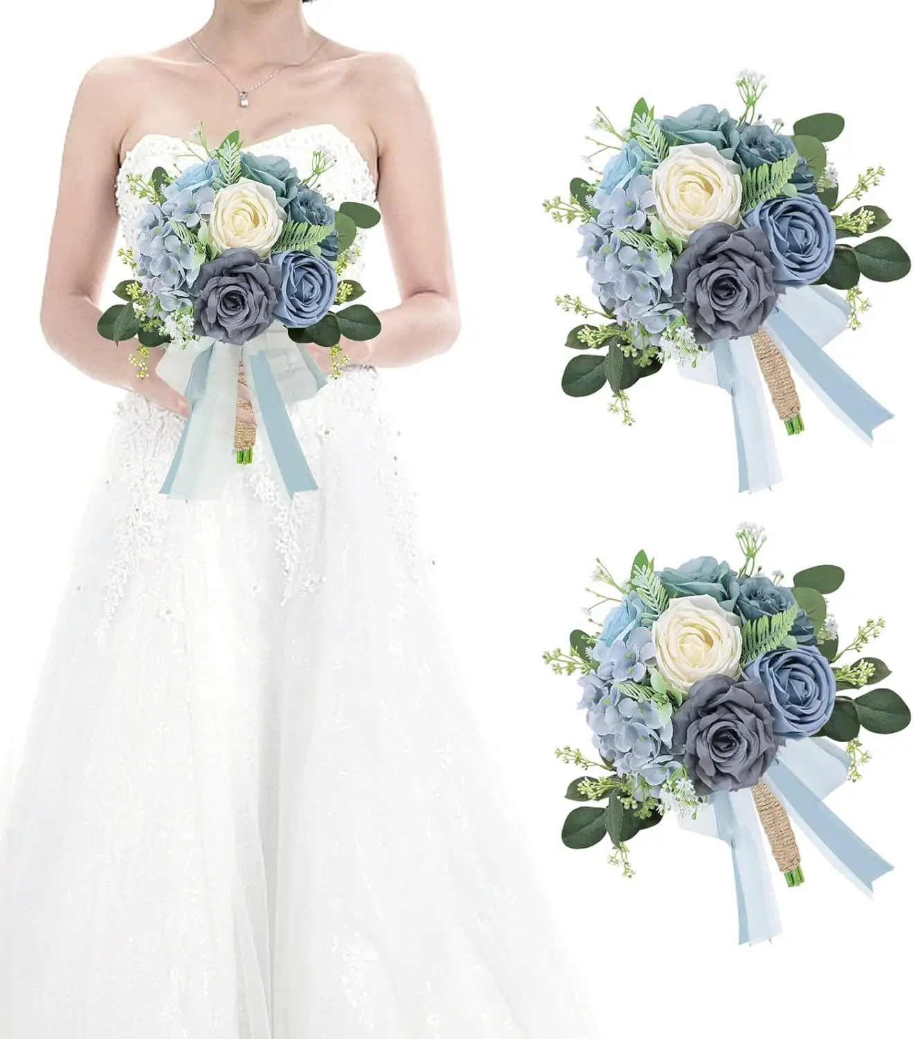 

Set of 2 Bridesmaid Bouquets for Wedding - 7 Inch Artificial Flowers Bouquets for Ceremony Anniversary Centerpieces Deco