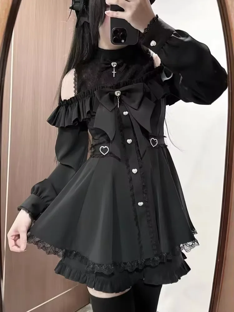 Japanres Sweet Preppy Style Bow Ruffles Dresses Women Y2k Harajuku Slim Mini Dress Autumn Gothic Plaid Long Sleeve Party Dress