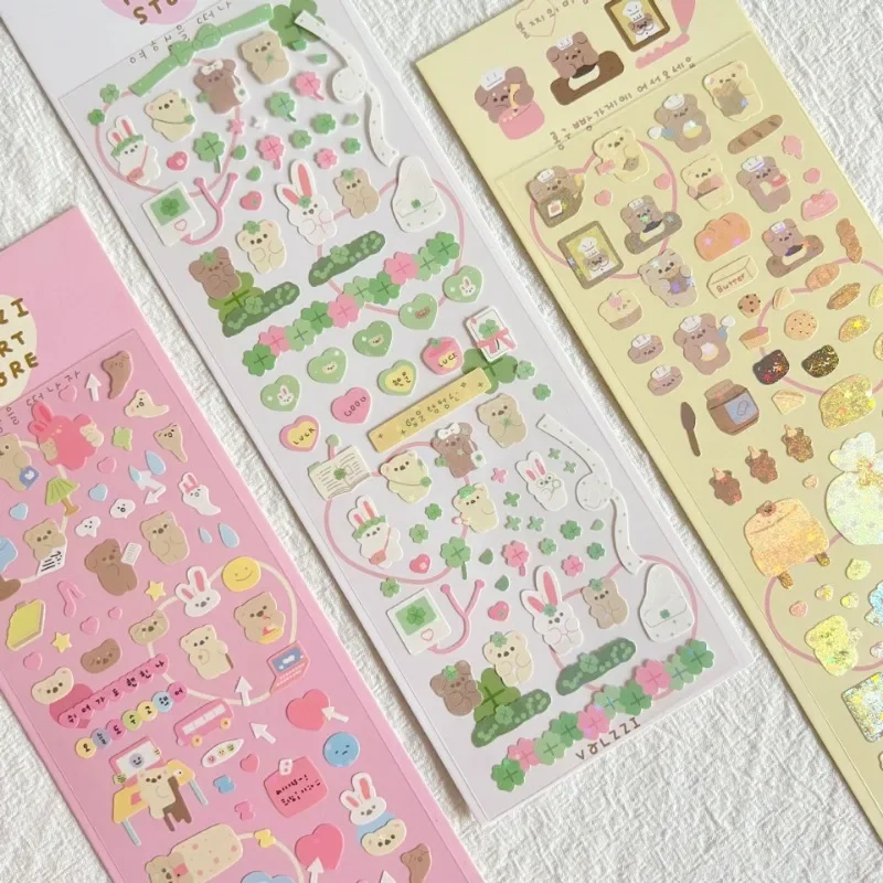 Pegatinas coreanas Kawaii de oso y conejo con borde plateado, pegatinas de juguetes clásicos DIY, decoración para niños, papelería de trébol de la suerte
