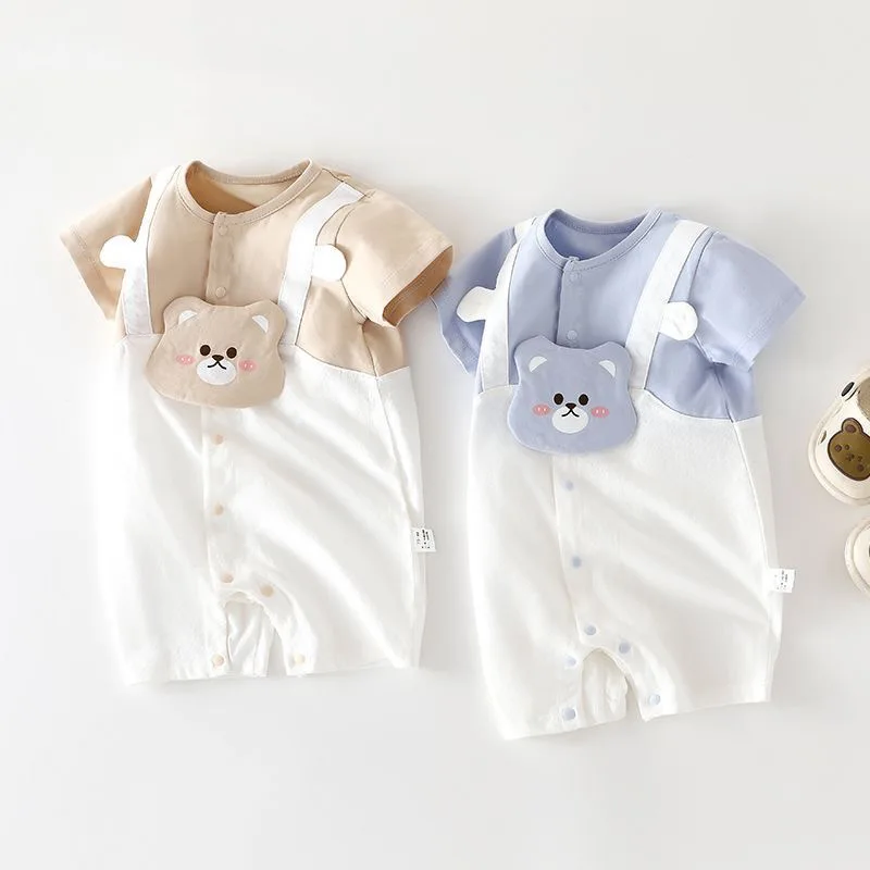 Infant Baby Summer Short-Sleeved Romper Boys' Adorable Fake Two-Piece Style Cartoon Romper Suit Trendy Outfit for Little Ones