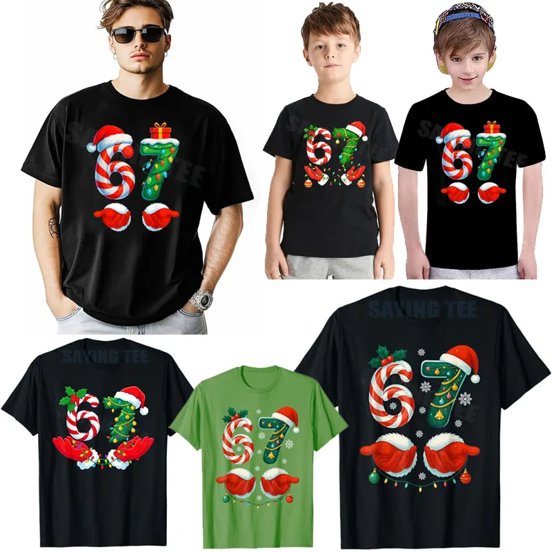 هالة الطاقة 67 مضحك تتجه ستة سبعة عيد الميلاد 67 سانتا تي شيرت Y2k لغة الفكاهة نكتة عيد الميلاد زي الأولاد موضة قائلا المحملة