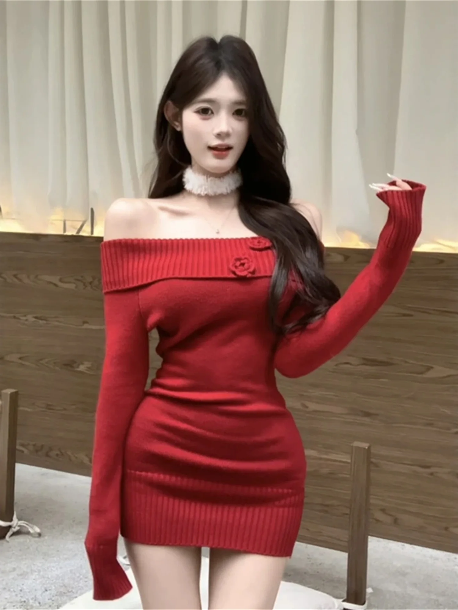 

Cisas Red One-oulder Knitted Dr Women's Autumn Winter New Sle Sexy Waist-Cinching Slimming ort Skirt