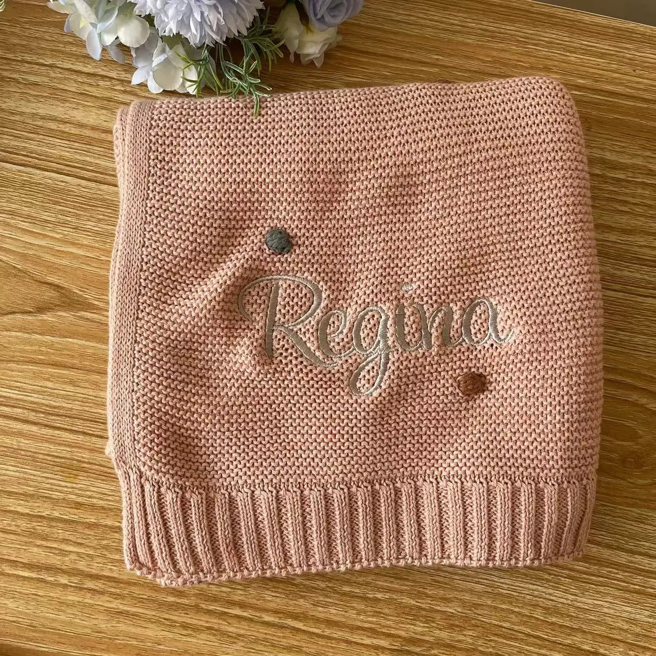 

Name Custom Cotton Handmade Hook Ball Baby Blanket, Personalized Embroidery Baby Stroller Cover blanke , Nap Air Condit blanket