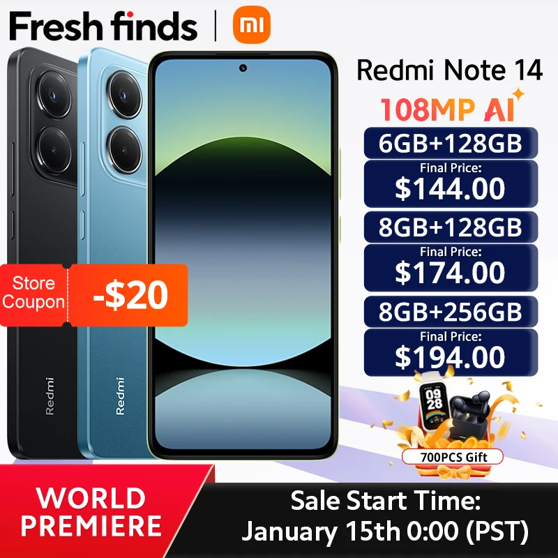 【World Premiere】Global Version Xiaomi Redmi Note 14 MediaTek Helio G99-Ultra 108MP AI Camera 5500mAh 6.67