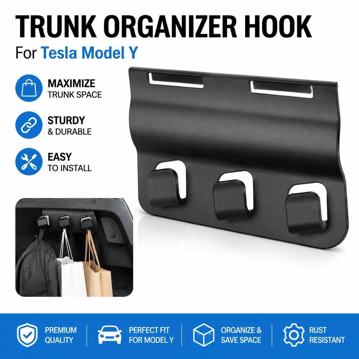 Hidden Trunk Grocery Bag Hook for Tesla Model Y Juniper 2025 2026, Triple Hook Design Car Cargo Organizer, Shopping Bag Holder,