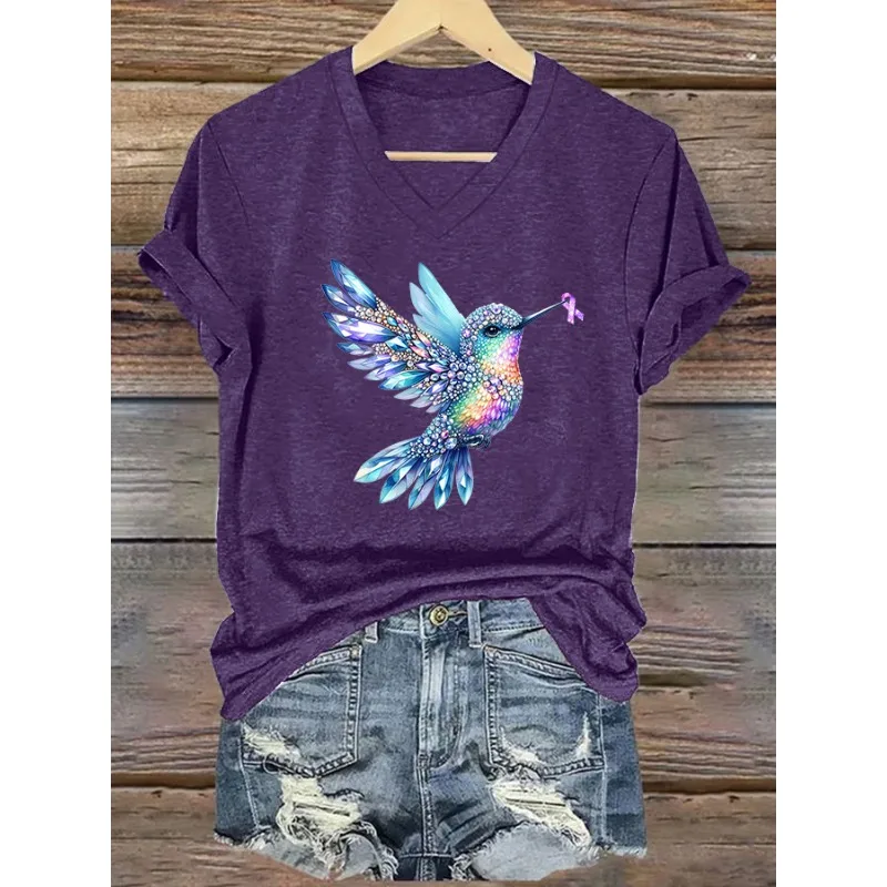 New Arrival Women's Fight ALZ Awareness Print T-Shirts Summer Casual T Shirt Short Sleeve V Neck Tops Tees