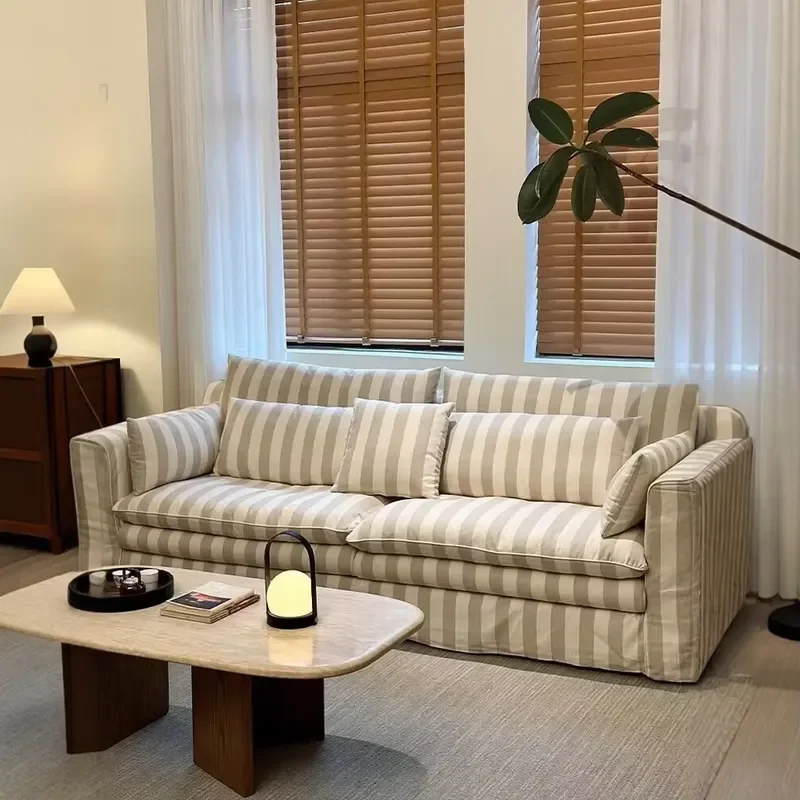 North European and American Style Rural Striped Linen Fabric Double Three Person Four Person Sofa Living Room Furniture