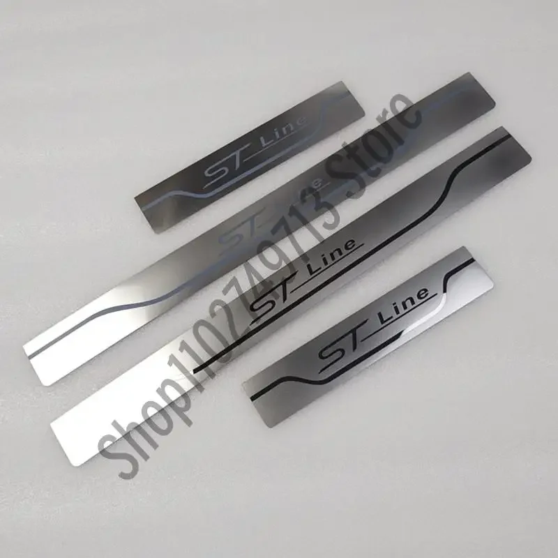 Image of 4 stücke Für Ford ST LINE Aufkleber Tür-Schwellen-verschleiss-Platte Schutz Edelstahl Kick Pedal Aufkleber Auto Styling Zubehör 2012-2023