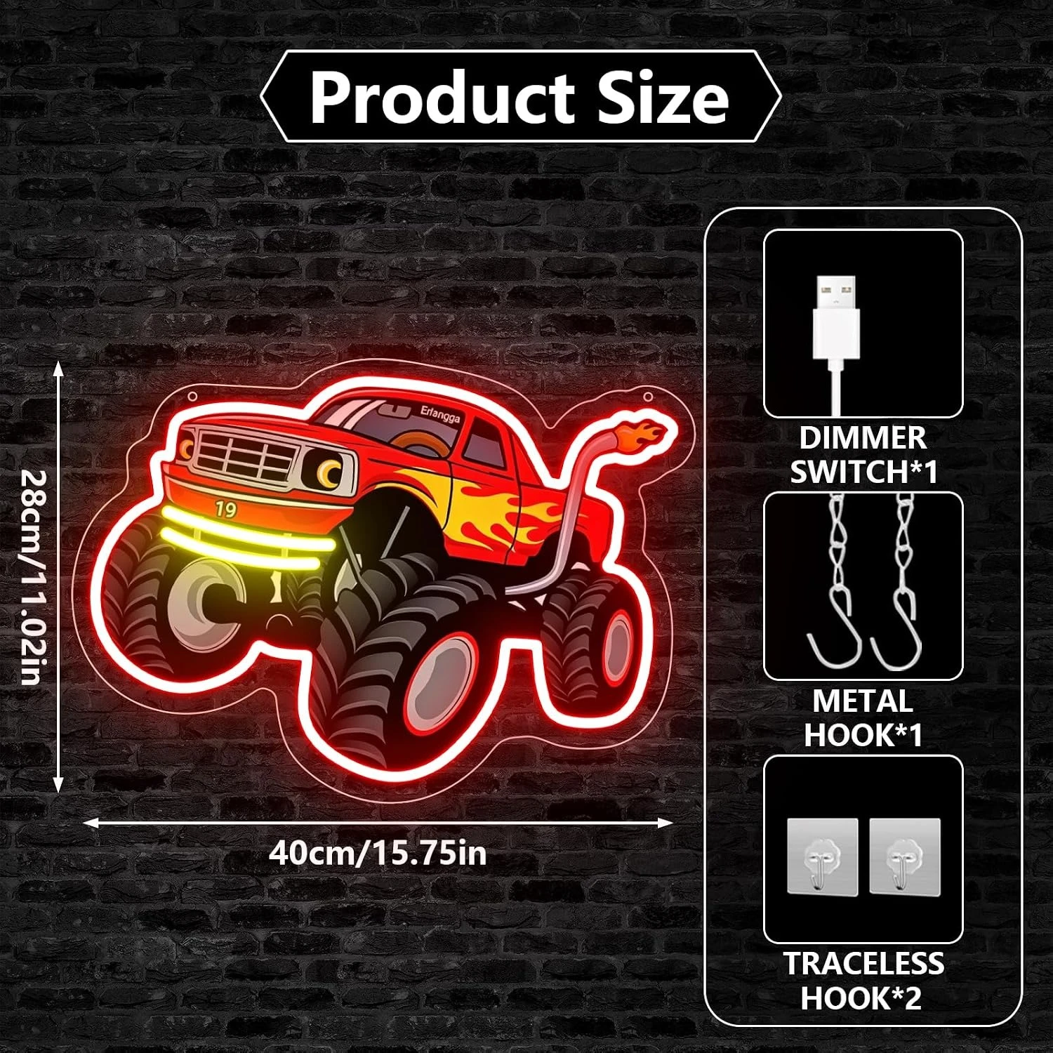 Flame Monster Truck LED Neon Sign USB Neon Light For Boys Bedroom Game Room Man Cave Home Art Wall Decor Theme Party Gift