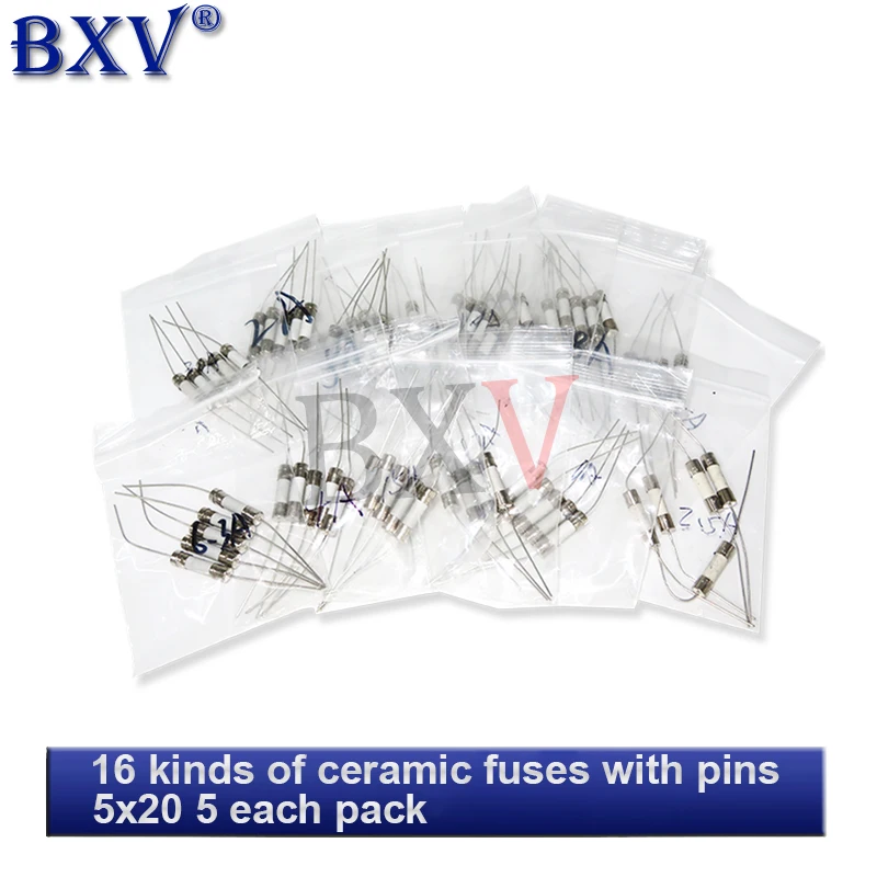 80PCS/Set Ceramic Fuse With Pins KIT 250V 5*20mm 0.5A-30A 16Values 5x20 Slow Blow 0.5A 1A 2A 3.15A 4A 5A 8A 10A 15A 20A 25A 30A