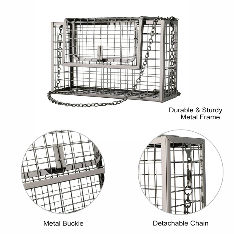 YYW Women Chain Crossbody Bags Iron Cage Metal Hollow Out Cage Evening Clutch Concise Box Sling Shoulder Bags Black Bolso Mujer