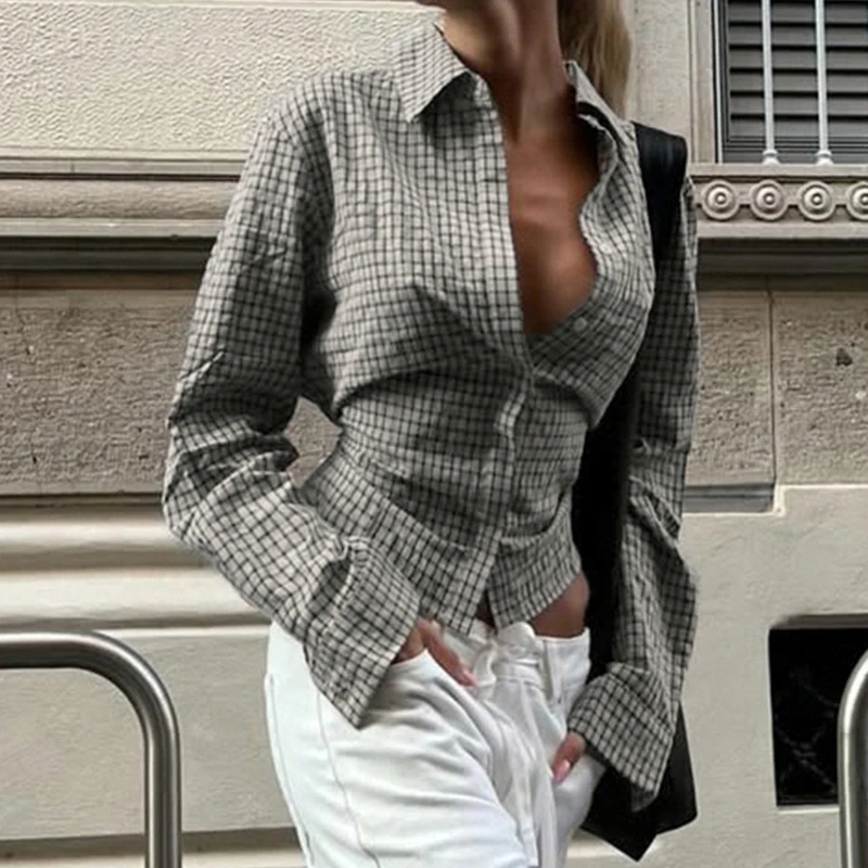 

Женская рубашка в клетку в уличном стиле, винтажная, приталенная, на шнуровке, с отложным воротником, повседневная, весна 2026, с бантом