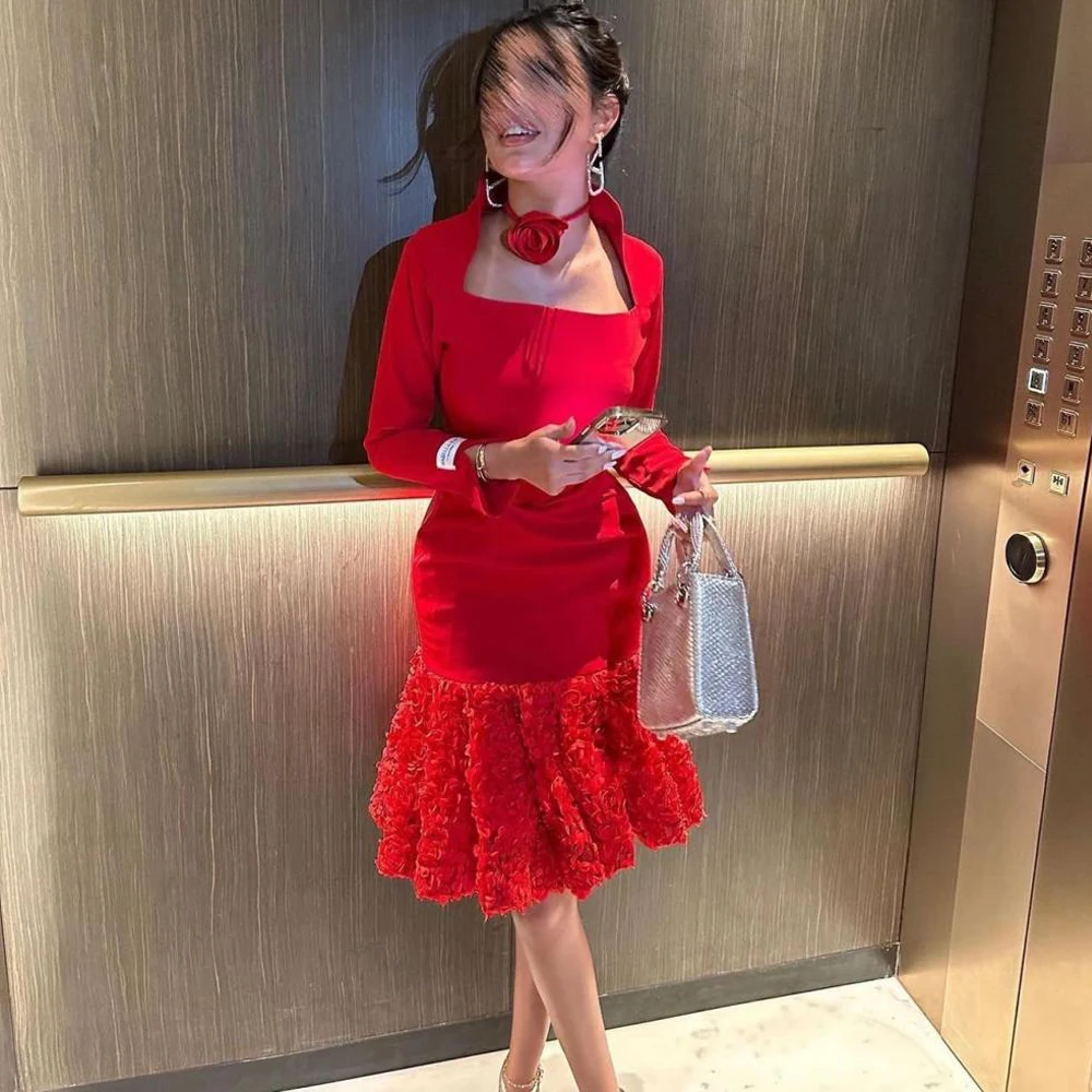 

Red Jersey Cocktail Dress Customized Square Collar Long Sleeves Homecoming Dresses Flowers Knee Length Special Occasion Gowns