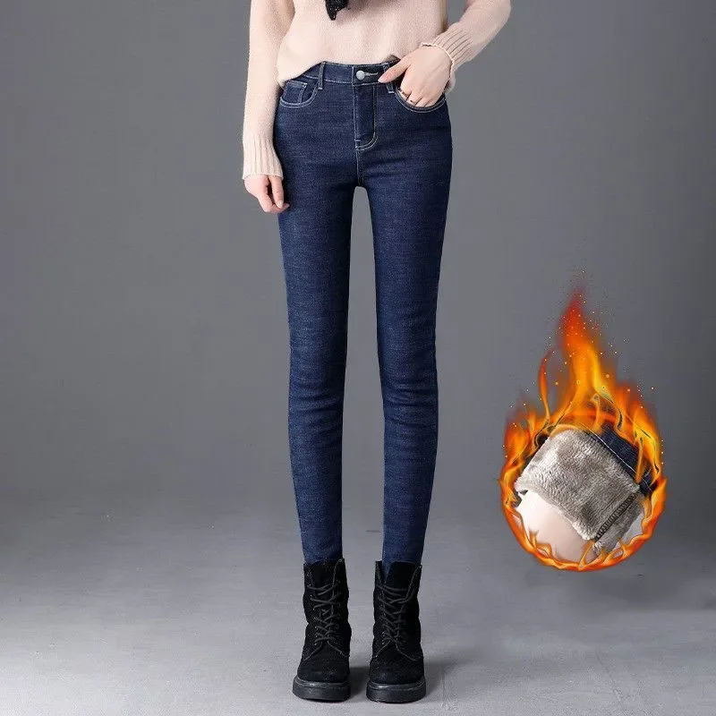 Oversized Slim Velvet Lined Jeans Pencil Pants Women Plush Stretch Vaqueros Trousers Mid Waist Thicken Warm Denim Spodnie Z279