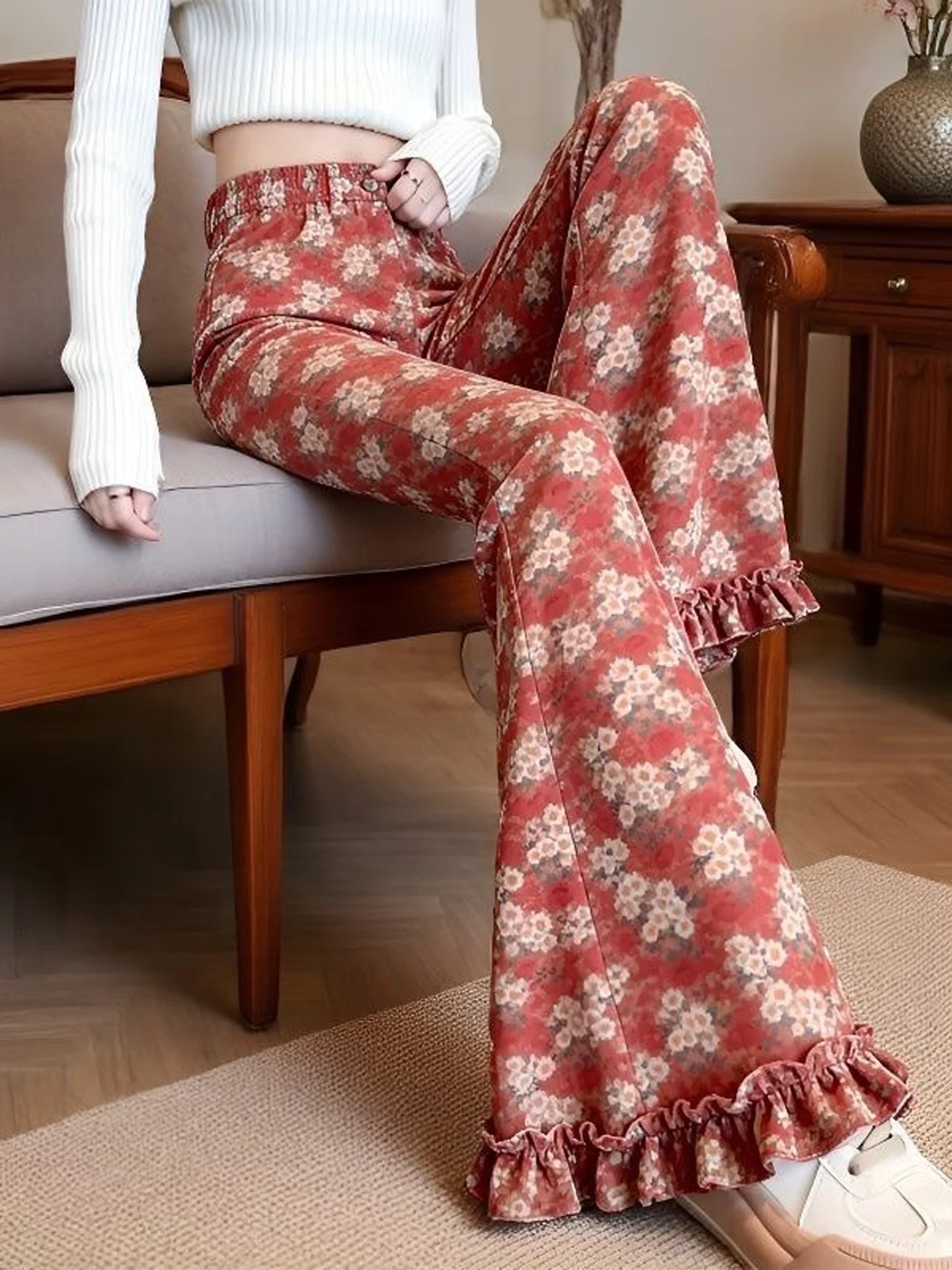 Floral High Waist Wide Leg Pants Women's Fashion Spring Autumn New Style Unique Beautiful Casual Micro Flared Trousers