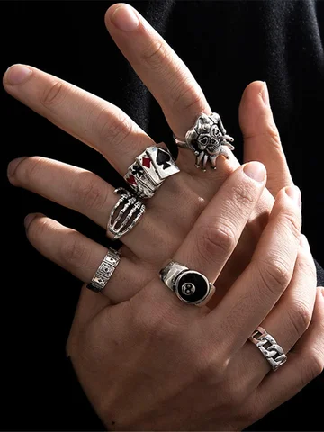6pcs/Set Exaggerated Ring Skull Poker Clown Number Joker Shape Punk Personalized Ring Y2k Accessories Goth Skeleton Men Jewelry