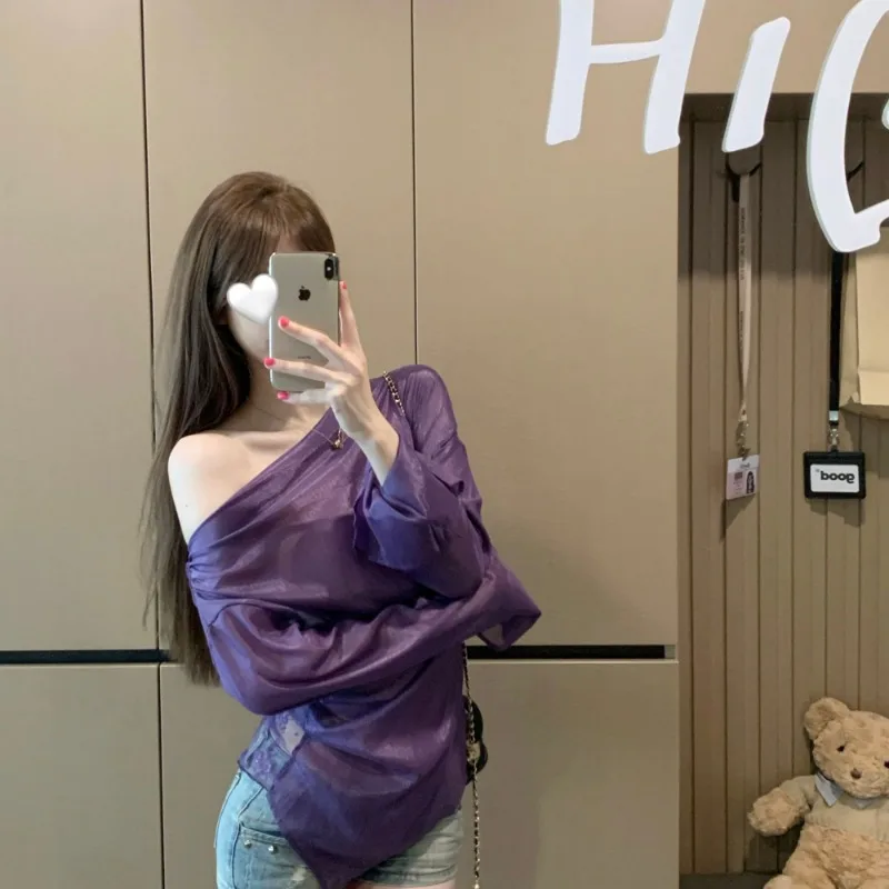 Lace Splicing Mesh Oblique Shoulder Long-sleeved Shirt for Women Purple Slim Pure Lust Design Thin Top