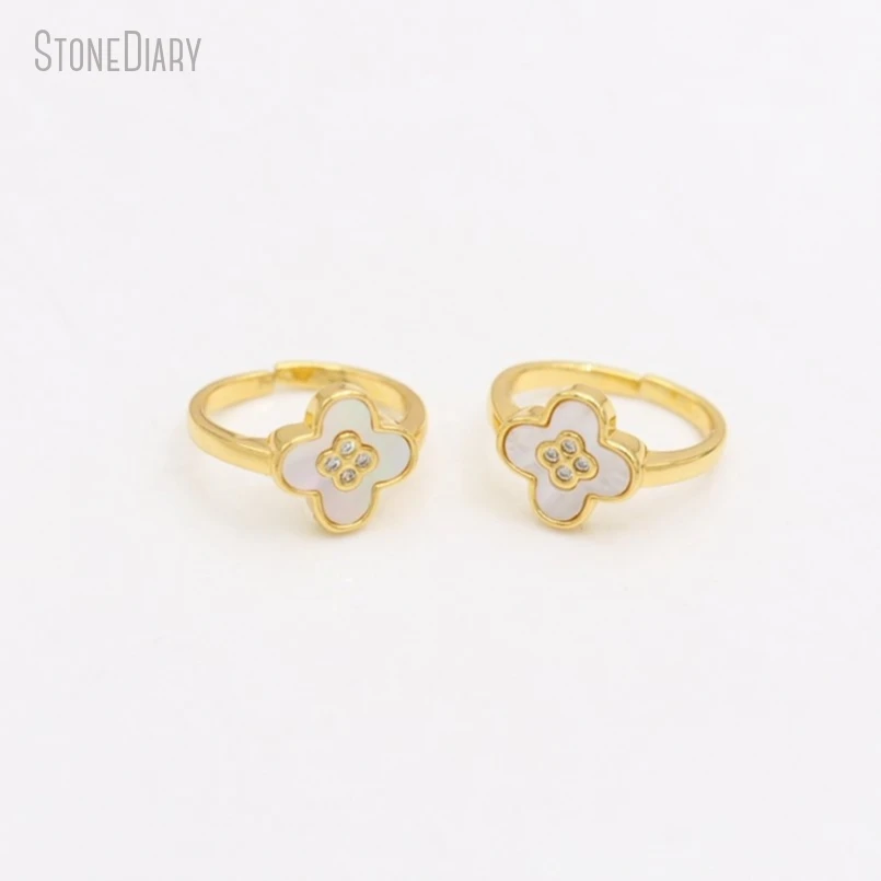 5Pcs Wholesale Gold Color Invisible Setting Cubic Zirconia Copper White Shell Flower Ring RM50810