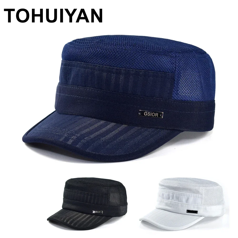 TOHUIYAN Street Fashion Military Hat For Men Summer Autumn Breathable Mesh Army Cap Women Casual Flat Top Caps Solid Cadet Hats