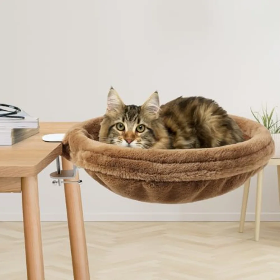 

Indoor cat hammock for desks: soft faux fur fabric, adjustable steel frame, gray, supports up to 25 lbs, modern design