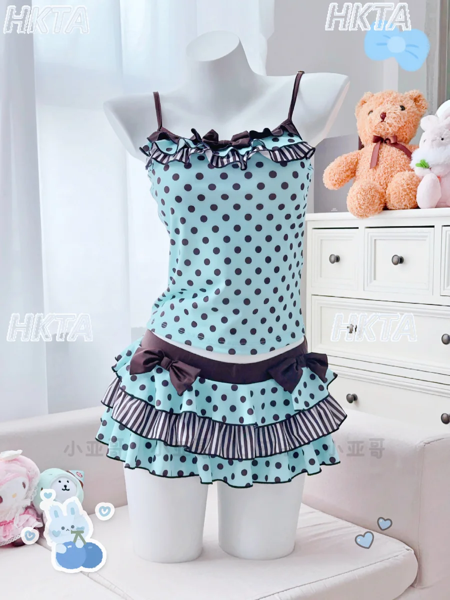 Summer New Polka Dot Suspender Cake Skirt Bikini Girl Sweet Bows Cute Separates Swimsuit Two-piece Set Biquine Swimwear Women