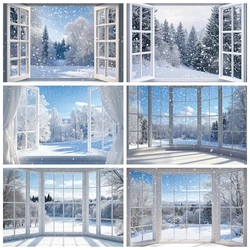 Winter Window Photography Background Christmas Forest Pine Tree Snow Scenery Home Family Baby Portrait Backdrop Photo Studio