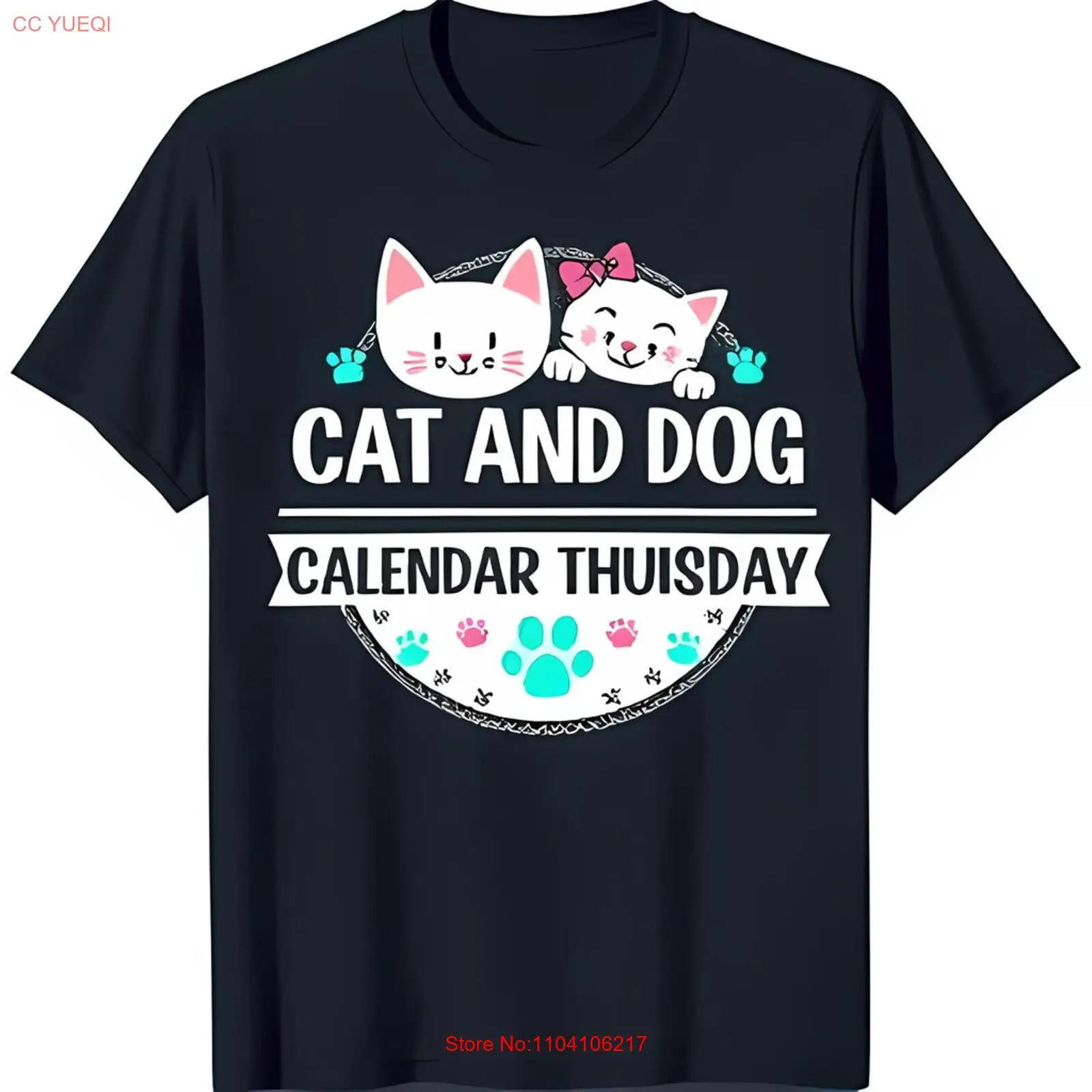 Black T-Shirt with White Cat and Dog Design 'Cat and Dog Calendar Thursday