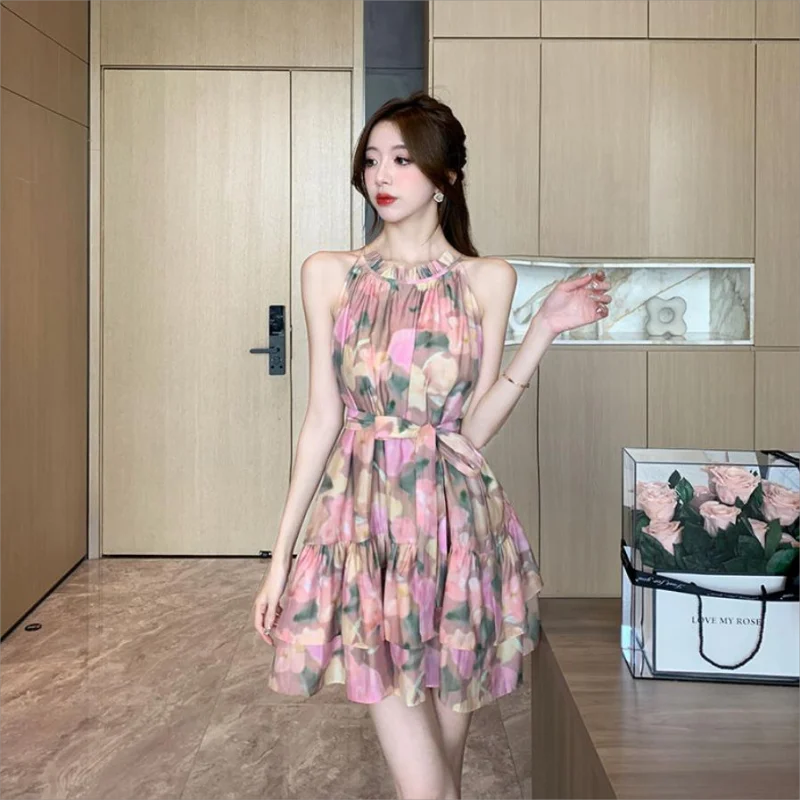 فستان نسائي صيفي بدون أكمام مكشكش برباط فستان زهري للنساء عاري الكتفين على شكل حرف a فستان مثير للحفلات