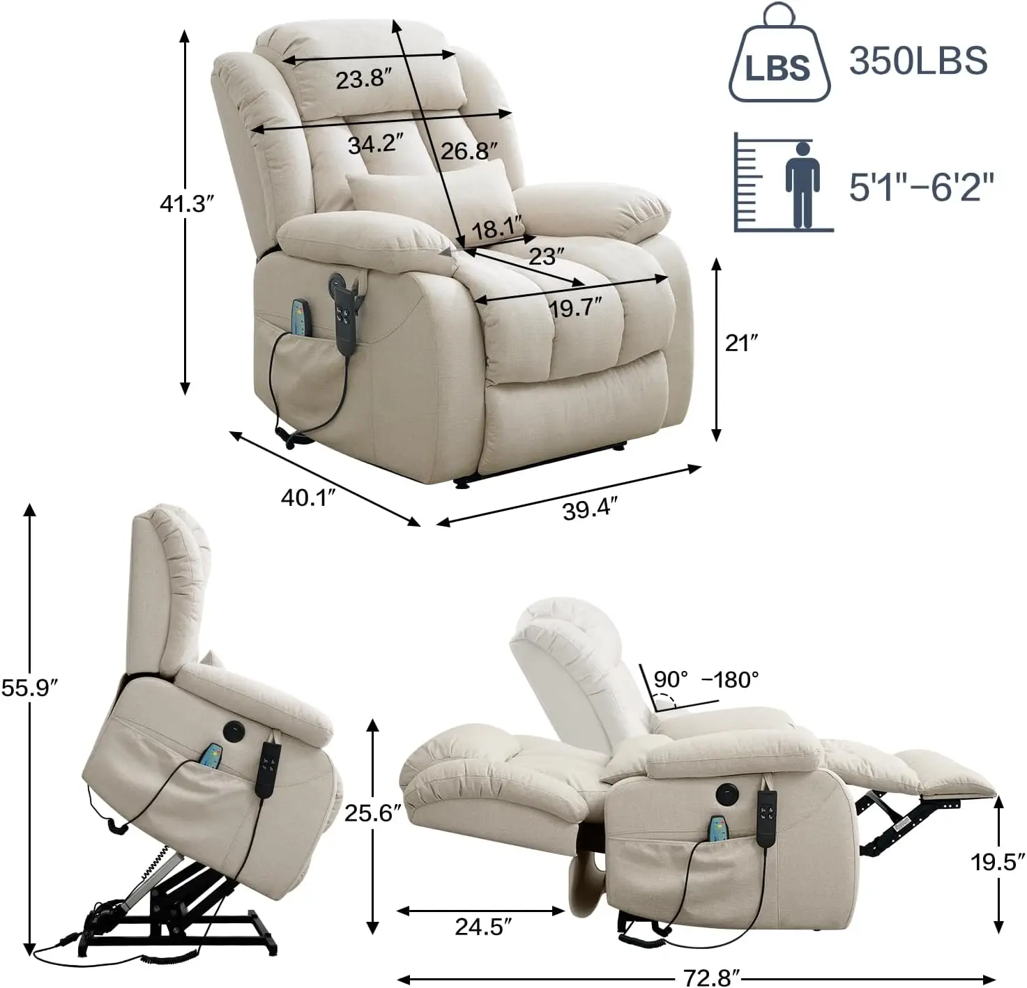 Infinite Position Dual Motor Power Lift Chair Lay Flat Recliner Linen Fabric Sleeper Chair for Elderly USB Ports, Remote Control