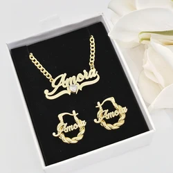 Custom Name Necklace and Earrings Set Baby Heart Necklace Small Twist Hoops Kids Earrings Birthday Gift for Girl Toddler Jewelry