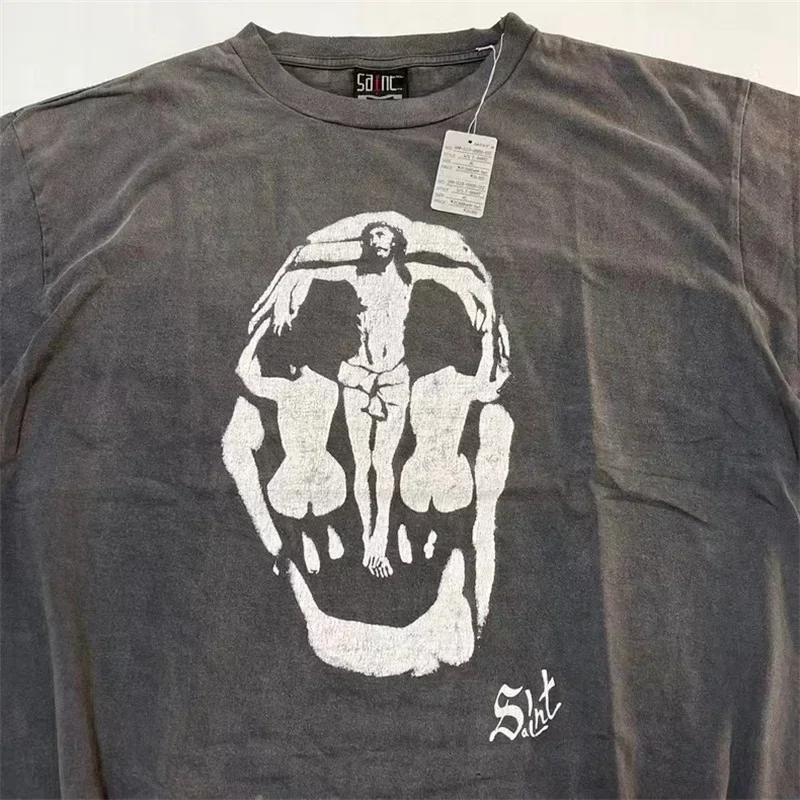 

25SS Black Washed SAINT MICHAEL JESUS Tee For Men Women 1:1 Best Quality Oversized T Shirt
