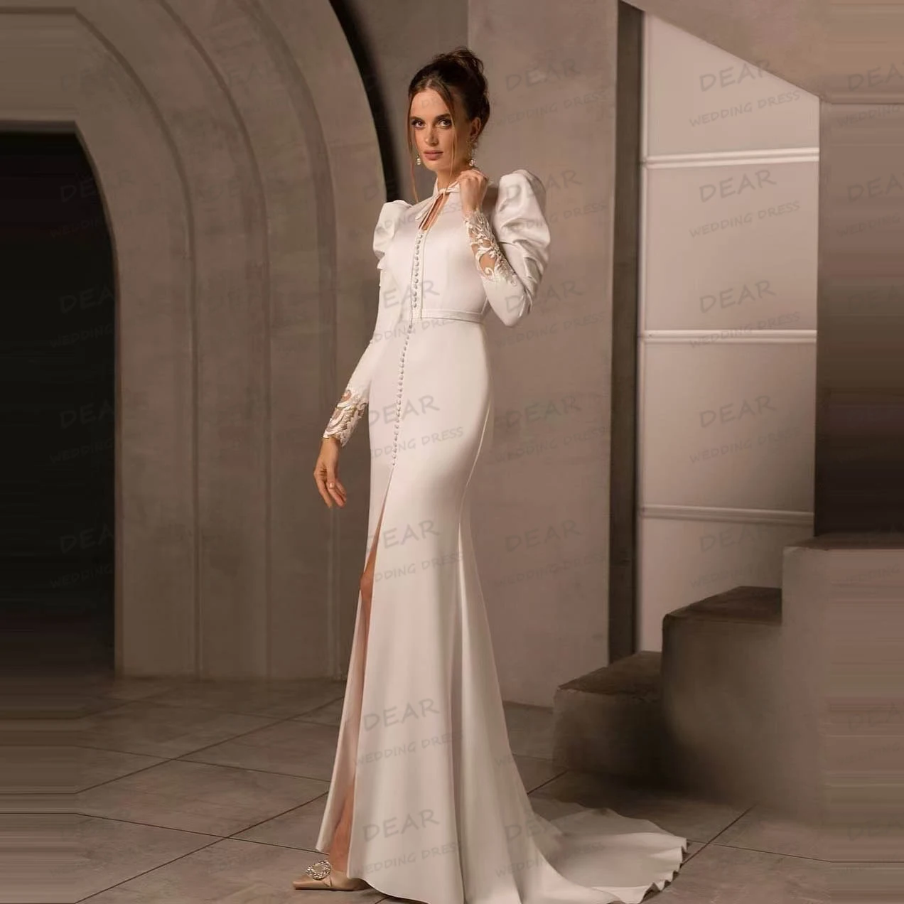 

Luxury Sexy Wedding Dresses A Line Women's Lace Long Sleeve Split Bride Gowns Formal Sweep Train Vestidos De Novia Customized