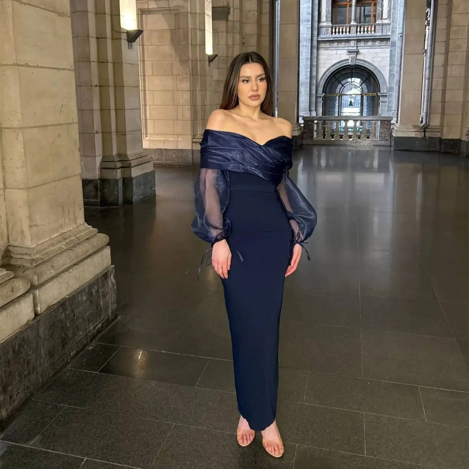 

Синее вечернее платье с длинными рукавами на заказ Вечерние платья Pastrol Унисекс Джерси Ретро Дубай Саудовская Аравия Пром по индивидуальному заказу