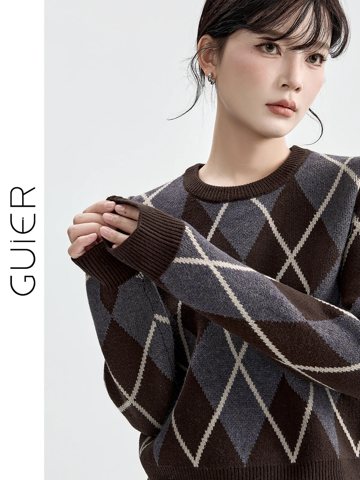 

Женский вязаный свитер Guier Color Blo с ромбовидным узором, осенне-зимний, винтажный, модный, приталенный топ