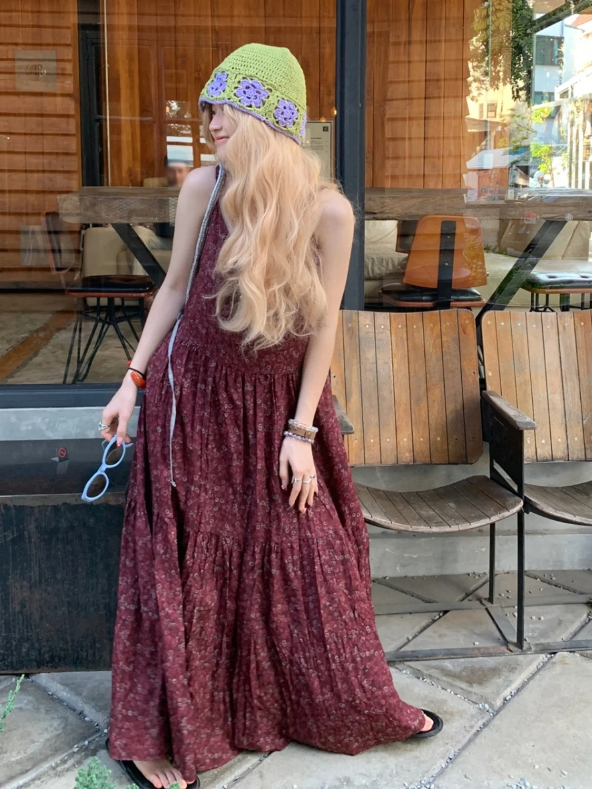

plus Size Red Floral Print Halter Dress Spring Summer New V Neck Loose Slimming Lazy Style Knee Length Long Dress
