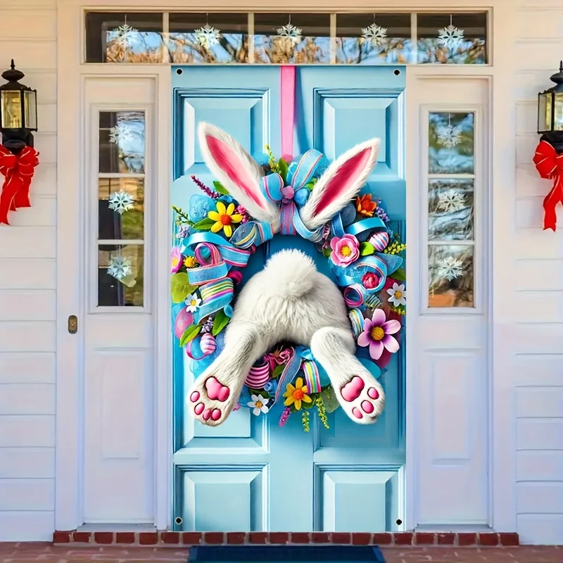 2D Door Banner 1pc Easter Bunny Wreath Door Cover Polyester Spring Floral Decoration Colorful Eggs Rainbow Bow Home Garden Decor