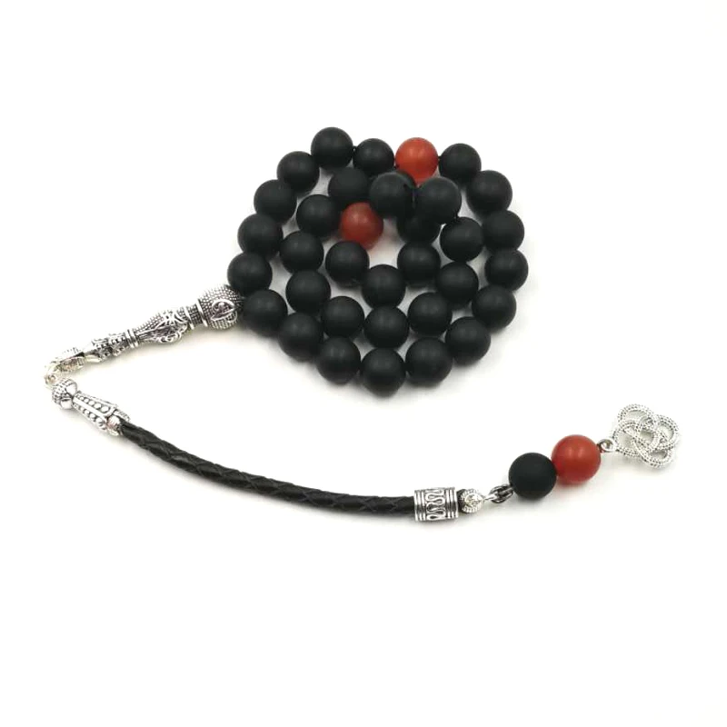 

Tasbih Black Frosted Agates with Leather tassel bracelets islamic 33 66 99 prayer beads Man's Jewelry Eid gifts misbaha