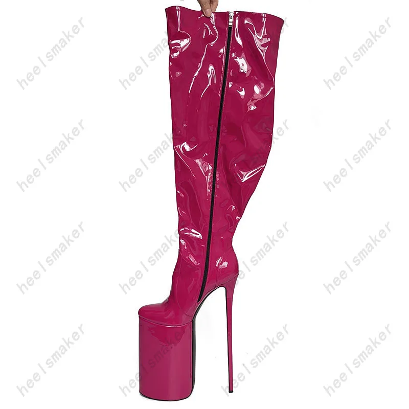 Sukeia Women Over Knee Boots Platform Patent Leather Round Toe Ultra High Heels Red Fuchsia Club Shoes Ladies US Size 7-15