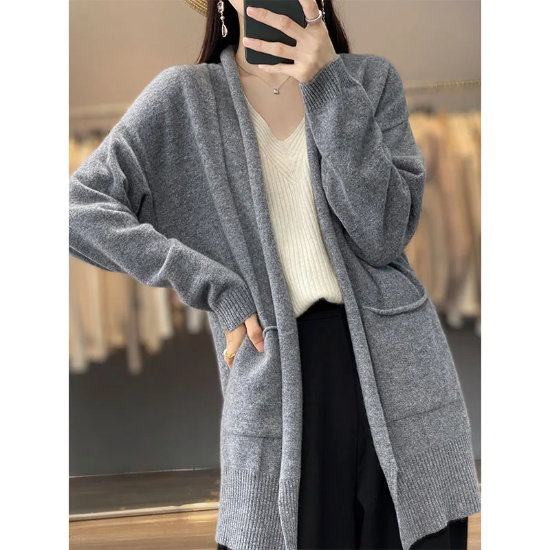 2023 Autumn New Women Cardigan 100% Wool Sweaters Female V-Neck Loose Large Size Long Coat Ladies' Casual Knitted Cardigans