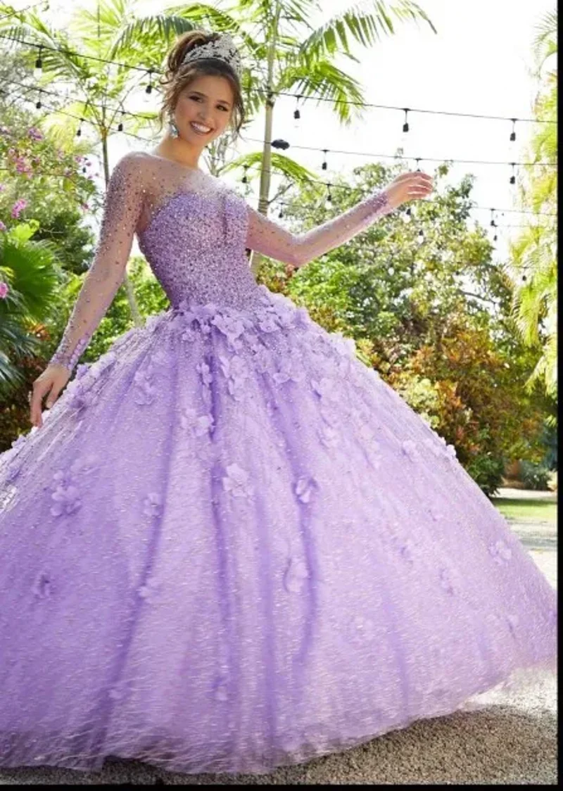 Hellblaue Quinceanera-Kleider 2024, lange Ärmel, Pailletten, Blumen, Sweet 16, Ballkleid, Rosa, Vestidos De 15 Quinceañera, individuell gestaltet