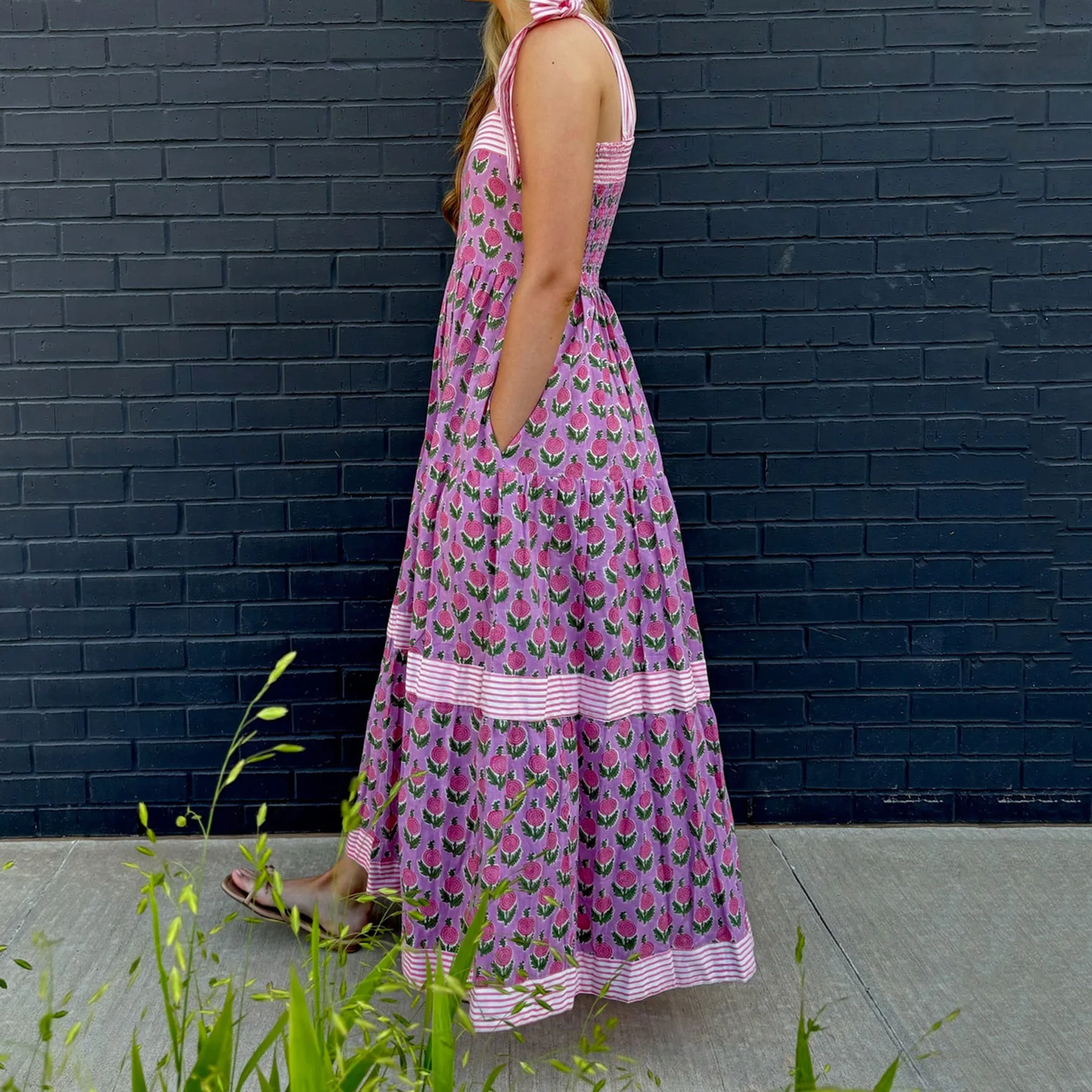 Abito lungo da donna con stampa floreale a righe con spalline allacciate Abito Cami Abito casual senza maniche alla moda estiva