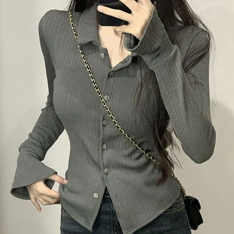 Korean Striped Shirt Women Slim Solid Button Flared Sleeve Gray Top High Street Skinny Basic Office Lady Harajuku School Blouses