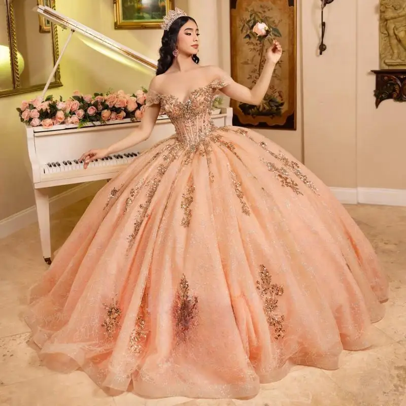 

Customized Sparkly Appliques Ball Gowns Quinceanera Dresses for Girls Off the Shoulder Glitter Watteau Train 15 Anos Vestido