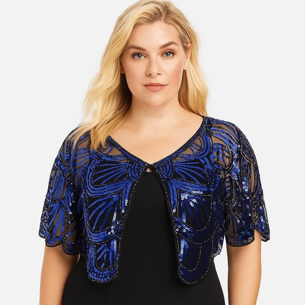 Shiny Ruffle Sequins Poncho Coat Mesh 1920s Theme Short Cape Multicolor Short Cape Sequins Shawls Ladies