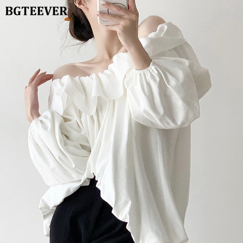 BGTEEVER Elegant Slash Neck Ruffles Blouses Women Long Sleeve Loose Pullovers Ladies White Shirts Autumn Blusas