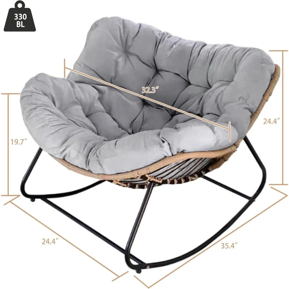 Outdoor/Indoor Rocking Chair, Papasan Chair for Patio Porch, Rattan Wicker Lounge Rocker, Stylish Egg-Shaped Design with Cushion