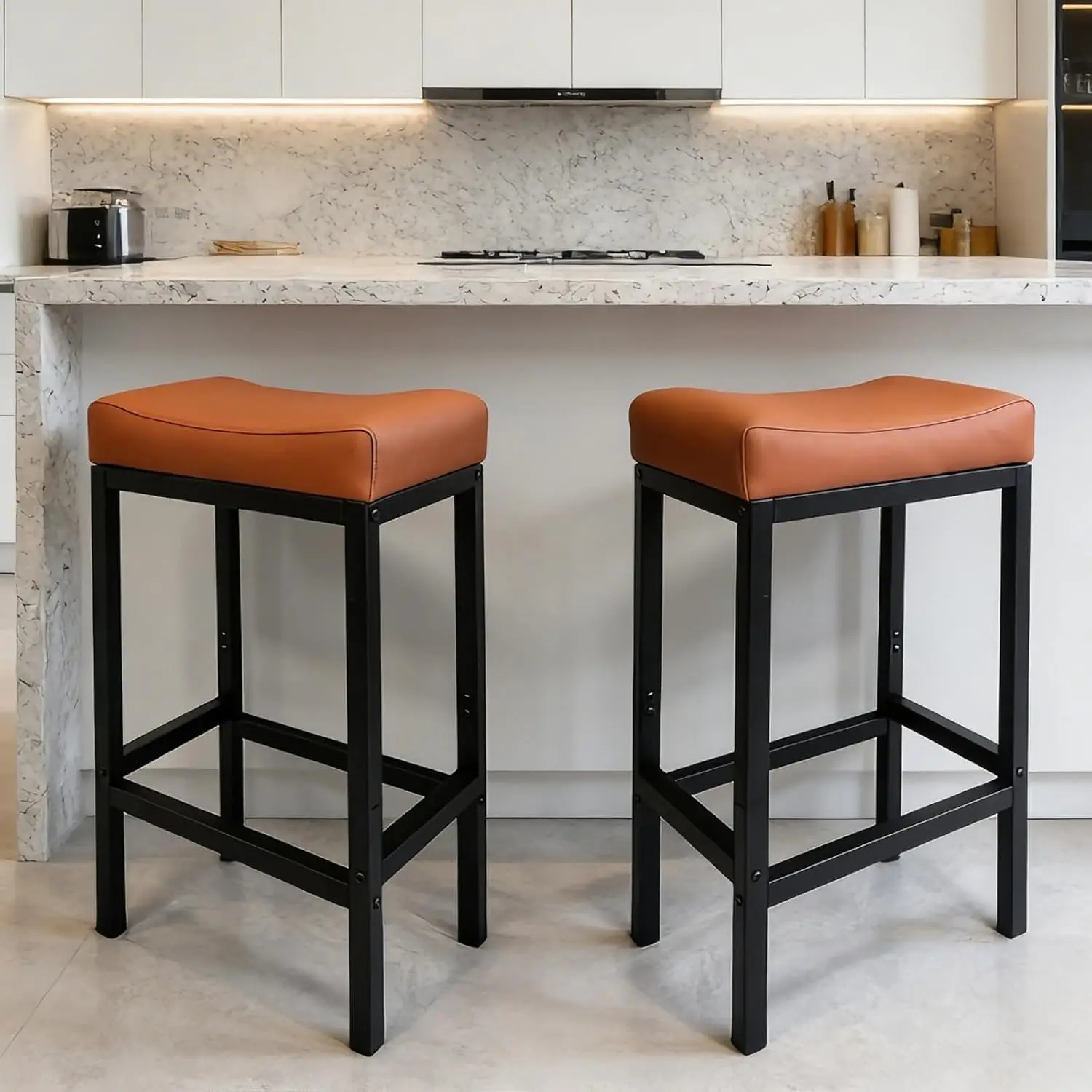 

Bar Stools Set of 2, 24-Inch Counter Height Chairs with Synthetic Leather Stitched Seat for Kitchen Island, Modern Metal Fram