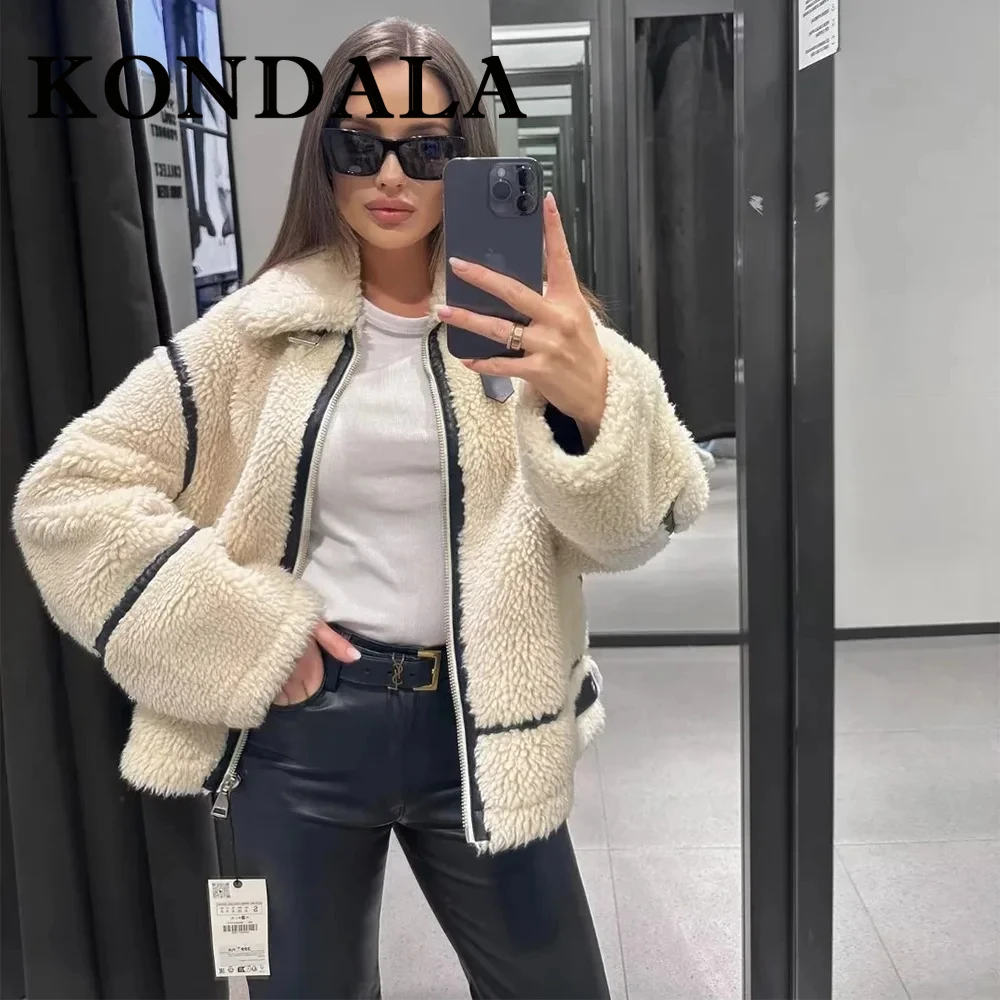 

KONDALA 2025 женские осенне-зимние повседневные куртки из овечьей шерсти, модная уличная одежда, однотонные свободные полусезонные куртки на молнии для женщин