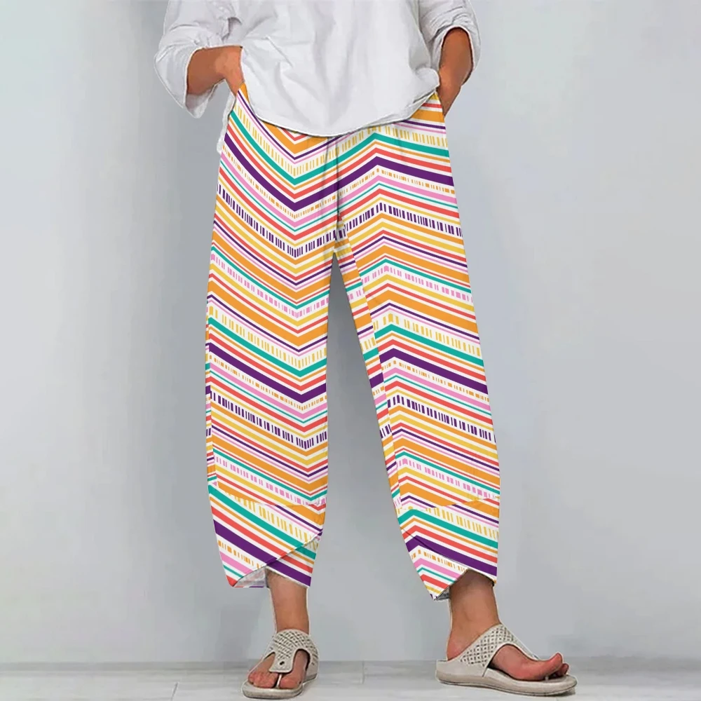 Geometry Colorful Striped Women's Pants Vibrant Geometric Strips Trousers Women's Cozy Striped Bottoms Casual Vacation Pants