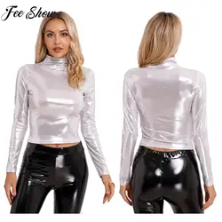 Womens Metallic Long Sleeve T-Shirt Fashion Shiny Slim Fit Mock Neck Tops for Cocktail Party Club Music Festival